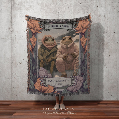 Vintage Frog Couple | Personalized Anniversary Gift Custom Name Tapestry Woodland Blanket Woven | Cottagecore Wedding Gift For Couple Gift |