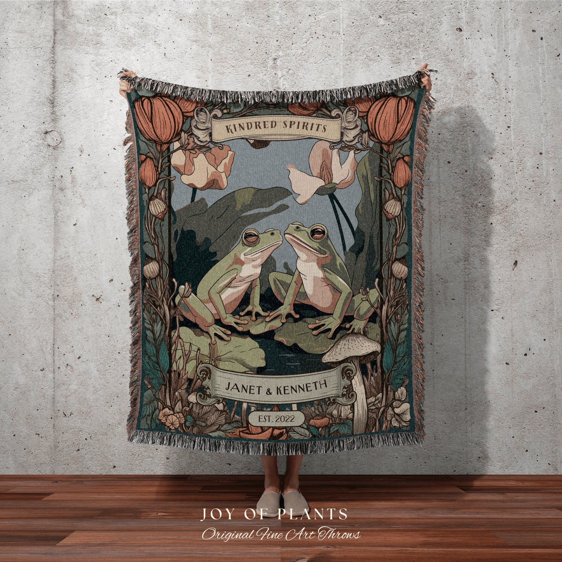 Art Nouveau Couples Tapestry | Anniversary Gift Custom Name Blanket Frog Lover Tapestry Woodland | Cottagecore Wedding Gift Personalized Art