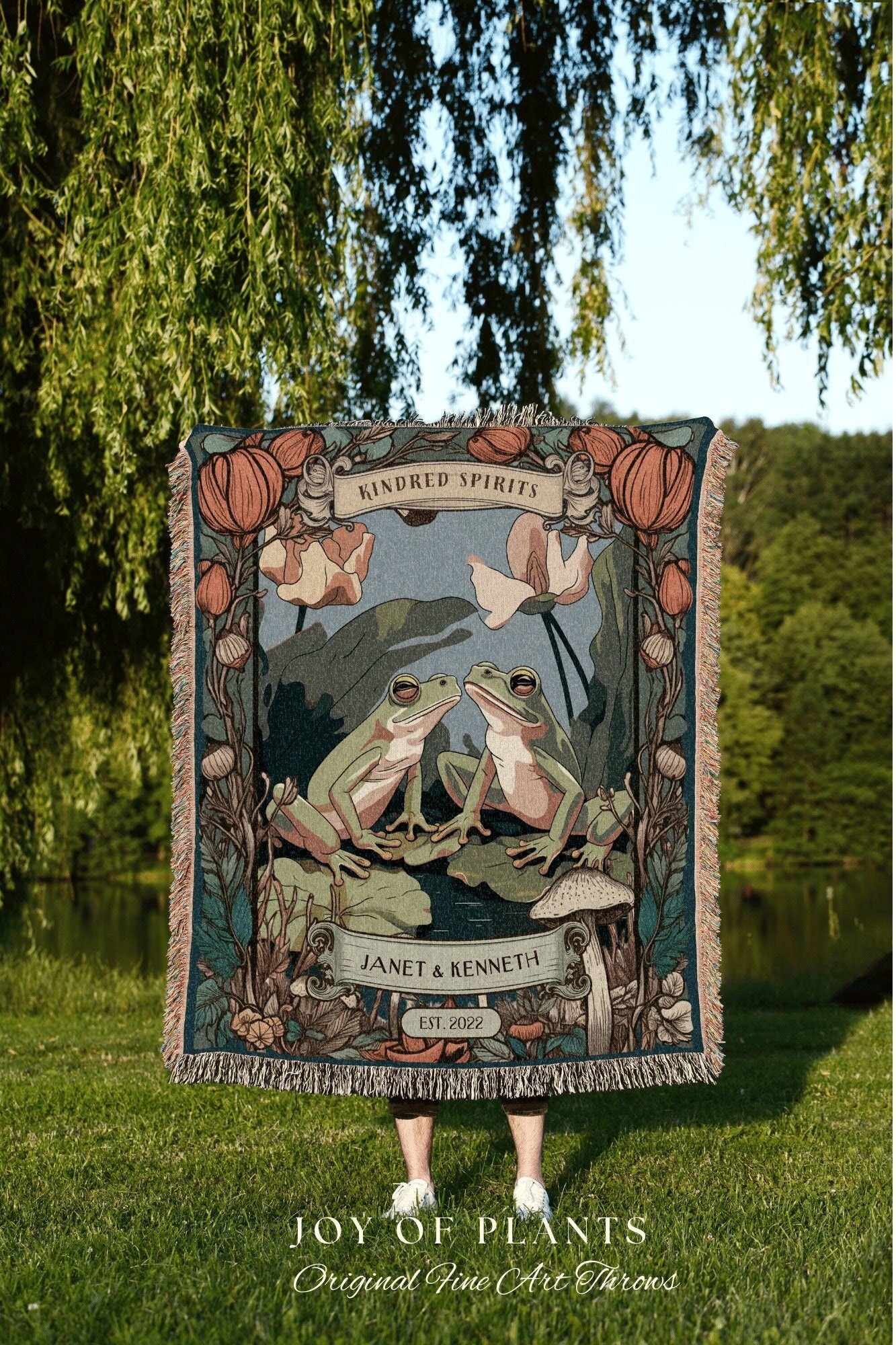 Art Nouveau Couples Tapestry | Anniversary Gift Custom Name Blanket Frog Lover Tapestry Woodland | Cottagecore Wedding Gift Personalized Art