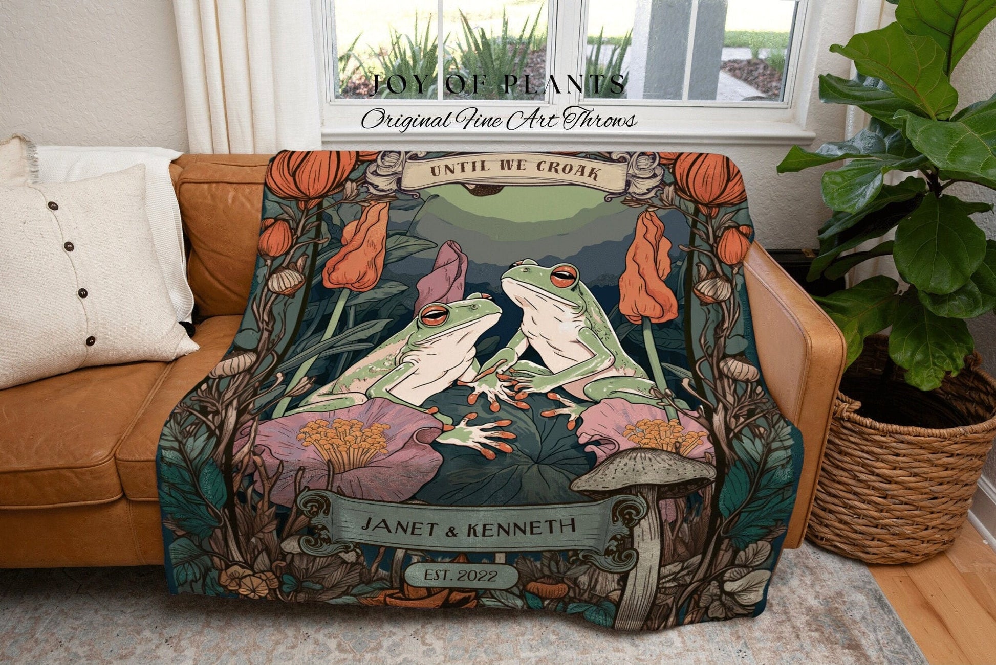 Frog Couple Tapestry | Personalized Anniversary Gift Custom Name Tapestry Woodland Blanket Woven | Cottagecore Wedding Gift For Couple Gift