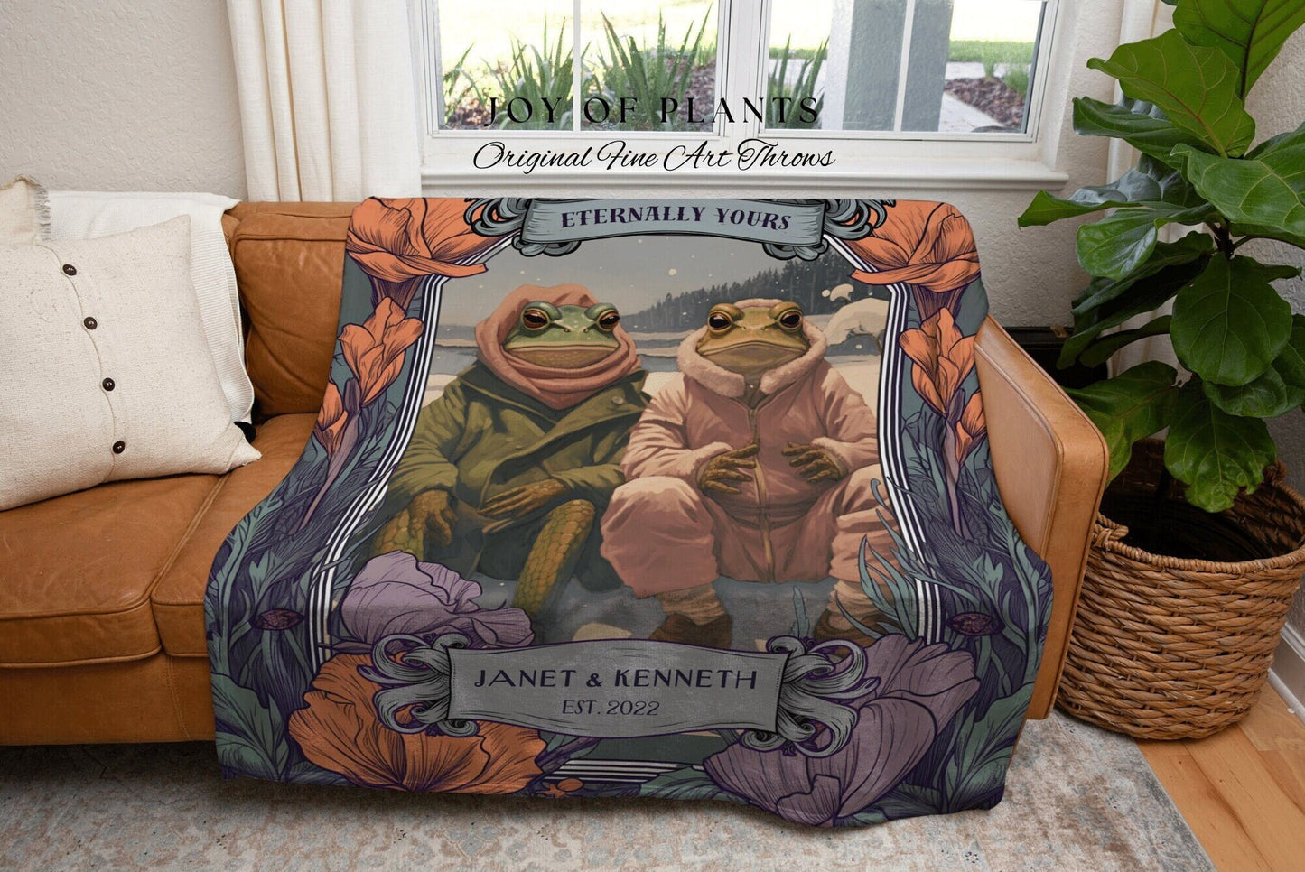 Vintage Frog Couple | Personalized Anniversary Gift Custom Name Tapestry Woodland Blanket Woven | Cottagecore Wedding Gift For Couple Gift |