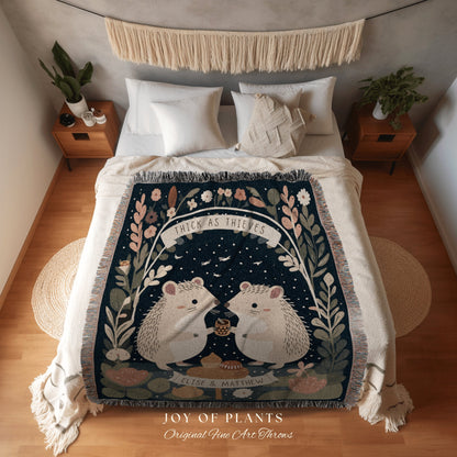 Custom Hedgehog Couples Blanket Anniversary Tapestry Woven Blanket Scandinavian Folk Wedding Custom Name Blanket Hedgehog Gifts Woodland