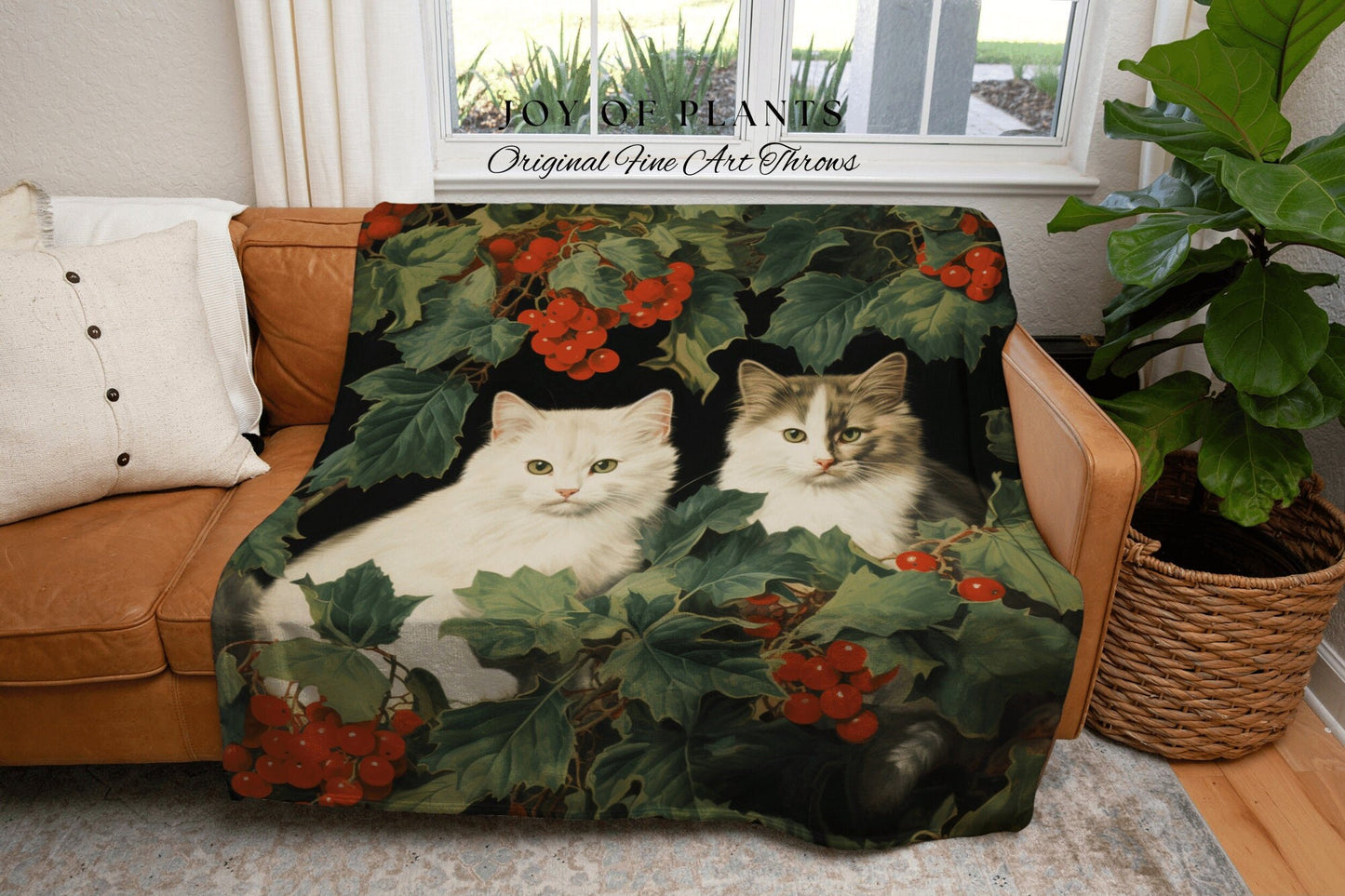 Christmas Kitten Blanket Vintage | Woven Fringe Blanket Cat lover Gift Funny Tapestry Cat Family Christmas Portrait Cat Blanket Cute Kitten