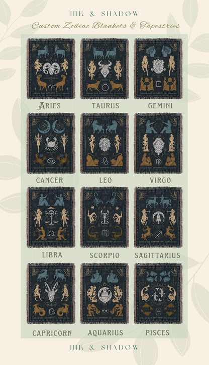 Aquarius Star Sign Blanket | Woven Fringe Blanket Astrology Decor Tapestry Personalized Aquarius Zodiac Sign Celestial Tapestry Whimsigoth |