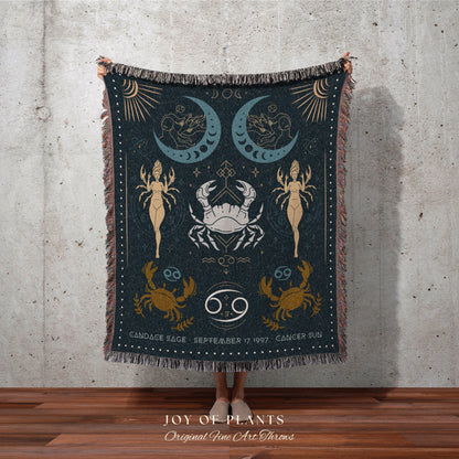 Star Sign Cancer Blanket | Woven Fringe Blanket Astrology Decor Tapestry Personalized Cancer Zodiac Sign Celestial Tapestry Academia Decor