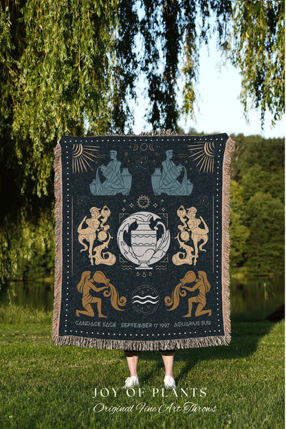 Aquarius Star Sign Blanket | Woven Fringe Blanket Astrology Decor Tapestry Personalized Aquarius Zodiac Sign Celestial Tapestry Whimsigoth |