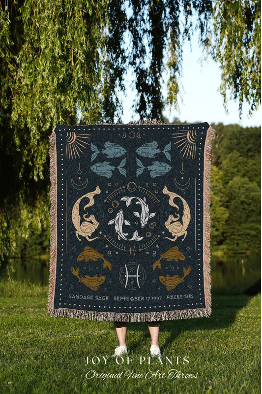 Pisces Blanket Custom Astrology | Woven Fringe Blanket Astrology Decor Tapestry Personalized Pisces Zodiac Sign Celestial Decor Whimsigoth |
