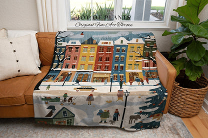 Cozy Winter Village Blanket | Cozy Christmas Blanket Woven Tapestry Scandinavian Folk Art Pastel Danish Decor Winter Home Decor Vintage Xmas