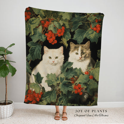 Christmas Kitten Blanket Vintage | Woven Fringe Blanket Cat lover Gift Funny Tapestry Cat Family Christmas Portrait Cat Blanket Cute Kitten