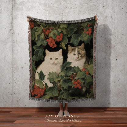 Christmas Kitten Blanket Vintage | Woven Fringe Blanket Cat lover Gift Funny Tapestry Cat Family Christmas Portrait Cat Blanket Cute Kitten