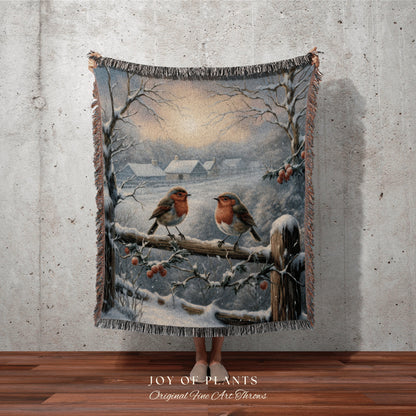 Wintry Landscape Tapestry | Vintage Christmas Cardinal Blanket Woven Tapestry Winter Holiday Decor Snowy Landscape Vintage Home Decor Birds