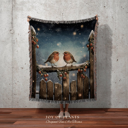 Christmas Bird Blanket | Vintage Christmas Cardinal Blanket Woven Tapestry Winter Holiday Decor Snowy Landscape Vintage Home Decor Bird Cute