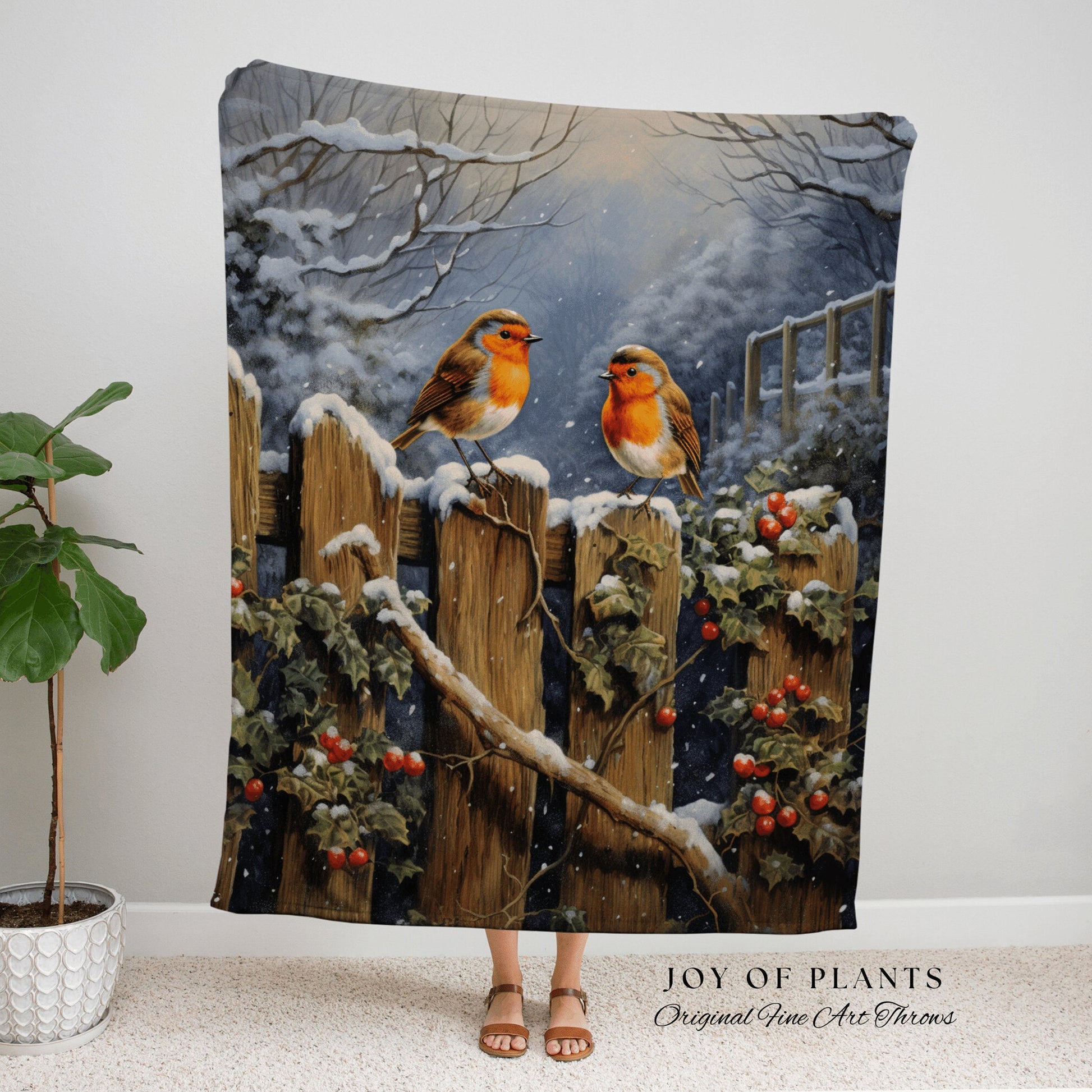 Winter Robins Cozy Blanket | Vintage Christmas Cardinal Blanket Woven Tapestry Winter Holiday Decor Snowy Landscape Vintage Home Decor Birds