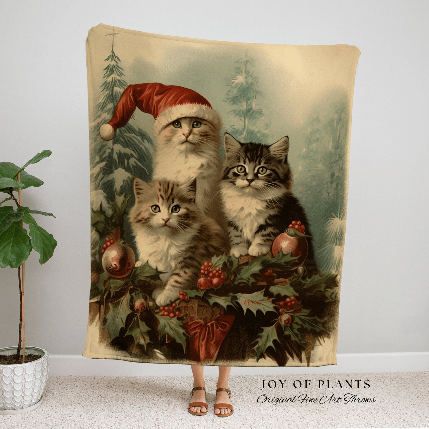 Santa Kitten Portrait Cat Blanket | Woven Fringe Blanket Cat lover Gift Funny Tapestry Cat Family Christmas Portrait Cat Blanket Cute Kitten