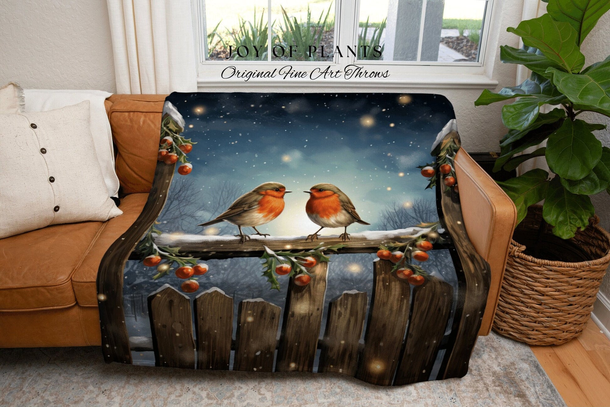 Christmas Bird Blanket | Vintage Christmas Cardinal Blanket Woven Tapestry Winter Holiday Decor Snowy Landscape Vintage Home Decor Bird Cute