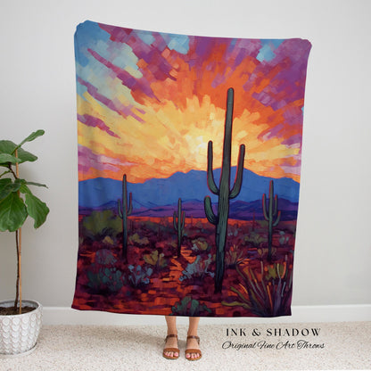 Southwestern Sunset Blanket | Whimsical Home Decor Housewarming Gift Blanket Cactus Aesthetic Blanket Woven Tapestry Southwest Landscape |