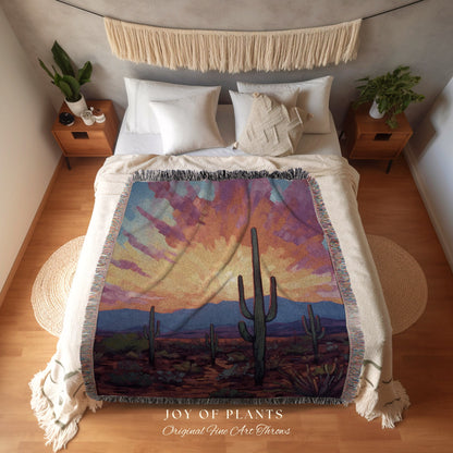 Southwestern Sunset Blanket | Whimsical Home Decor Housewarming Gift Blanket Cactus Aesthetic Blanket Woven Tapestry Southwest Landscape |