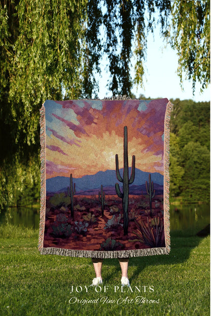 Southwestern Sunset Blanket | Whimsical Home Decor Housewarming Gift Blanket Cactus Aesthetic Blanket Woven Tapestry Southwest Landscape |