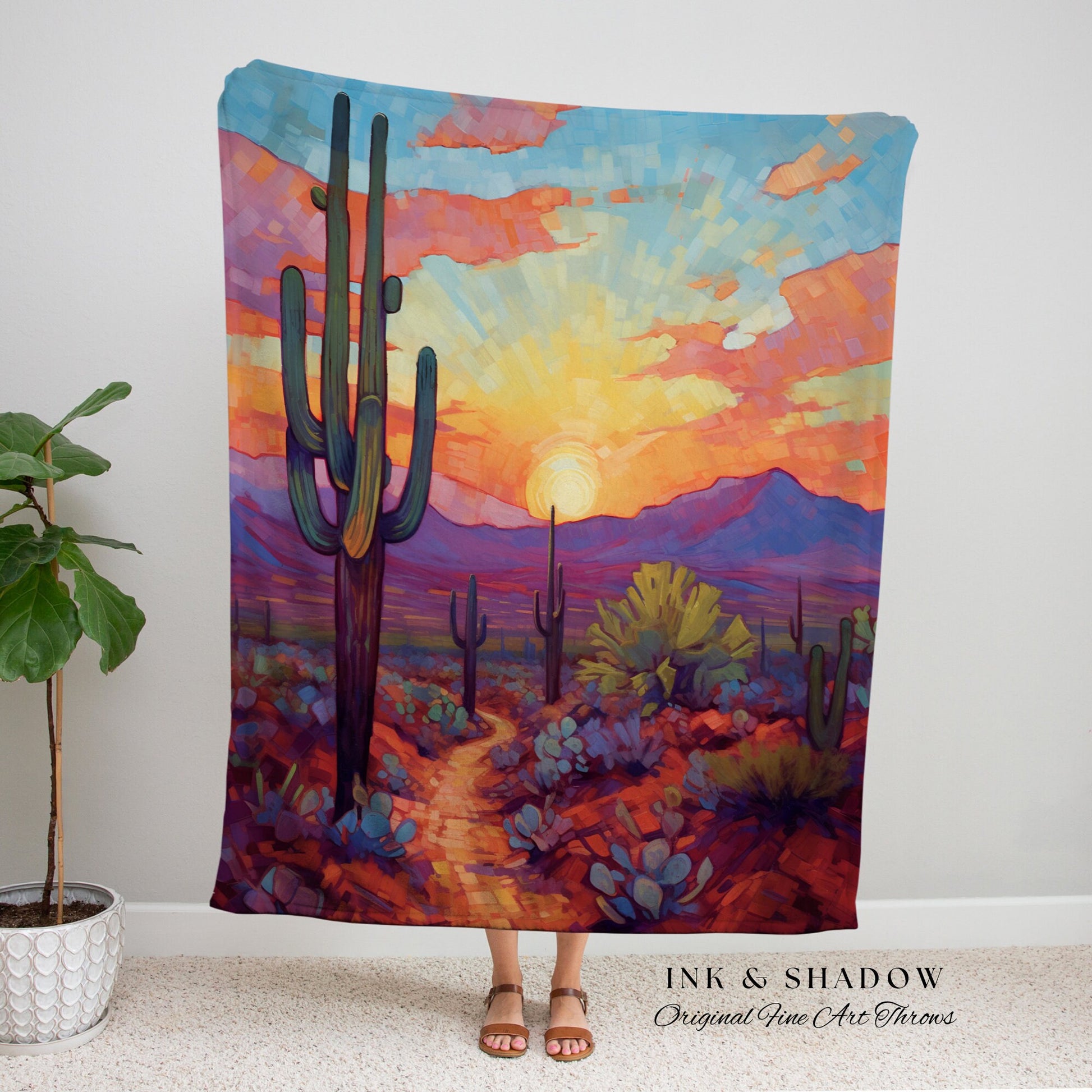 Mystic Landscape Desert Blanket | Whimsical Home Decor Housewarming Gift Blanket Cactus Aesthetic Blanket Woven Tapestry Southwest Landscape