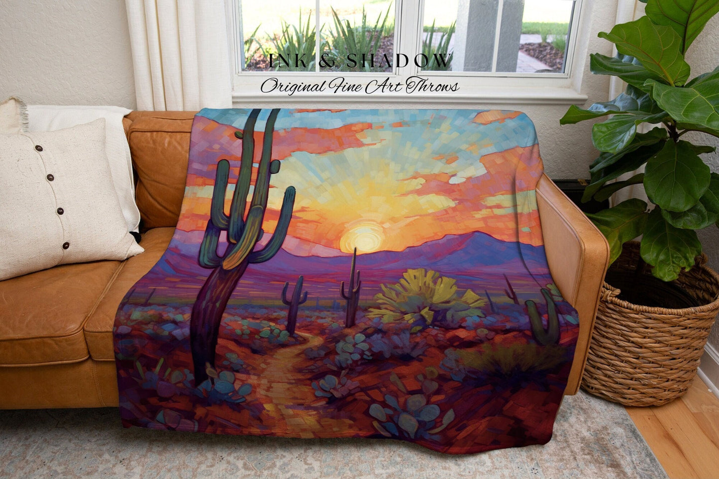 Mystic Landscape Desert Blanket | Whimsical Home Decor Housewarming Gift Blanket Cactus Aesthetic Blanket Woven Tapestry Southwest Landscape