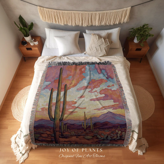 Moody Desert Landscape Blanket | Whimsical Home Decor Housewarming Gift Blanket Cactus Aesthetic Blanket Woven Tapestry Southwest Landscape