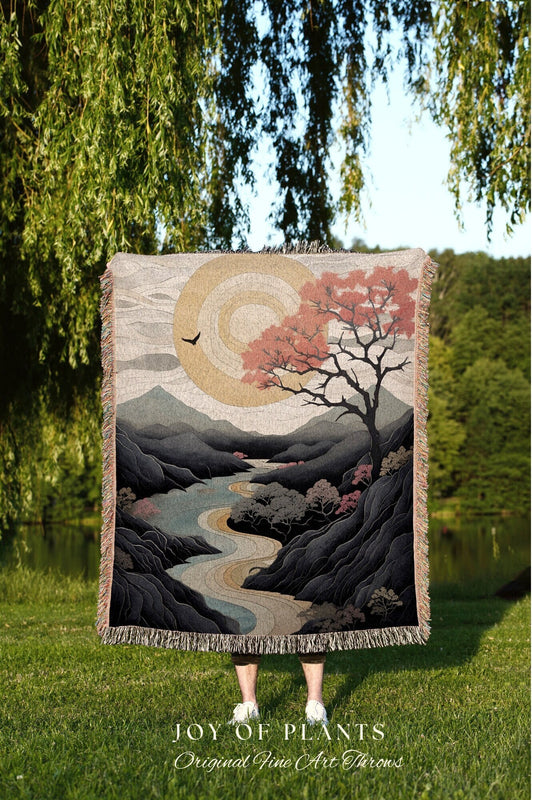 Japanese Landscape Mountain Sun Tapestry Woven Throw Blanket | Tree Tapestry Art Woven Blanket with Nature Japanese Aesthetic Artful Blanket