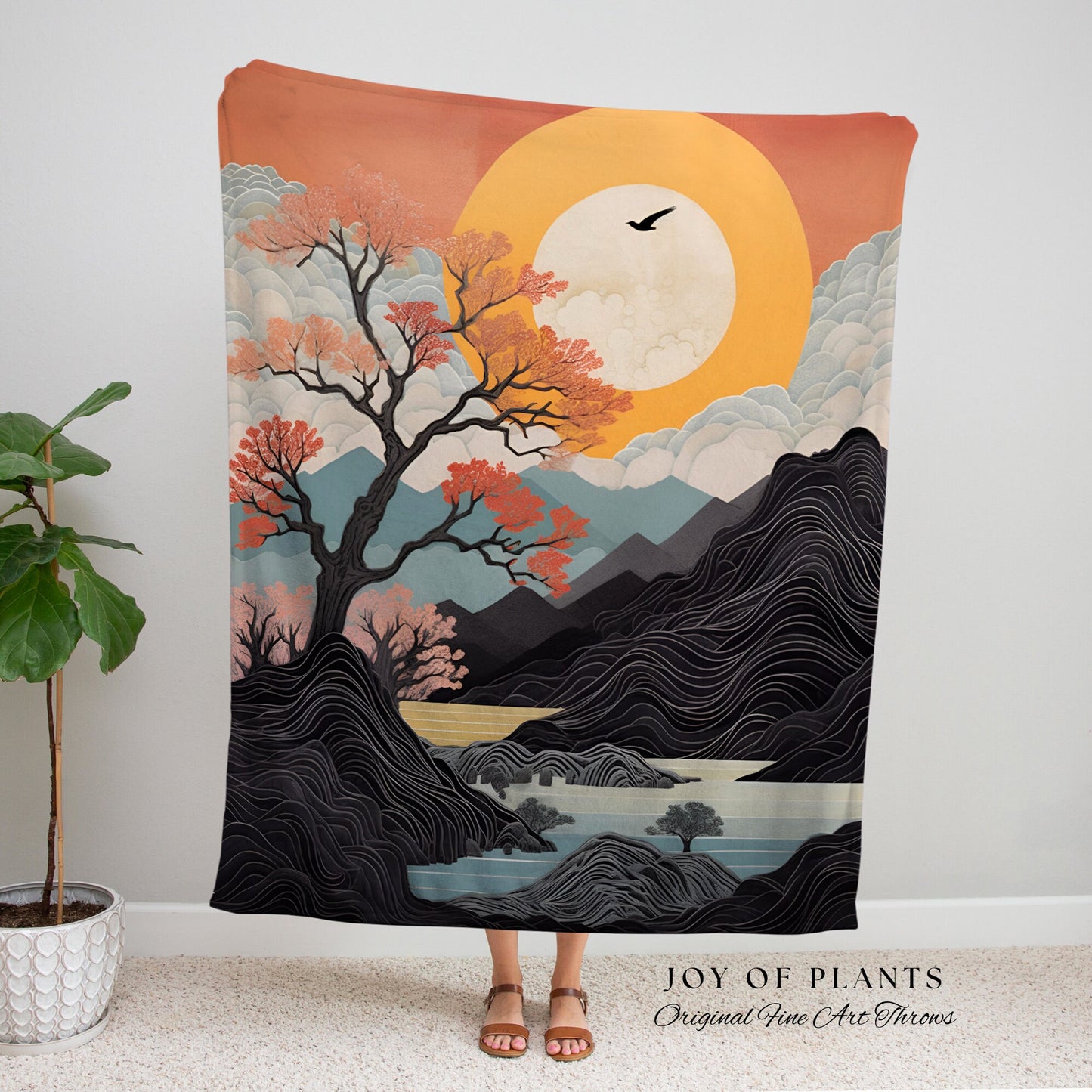 Sunset Mountain Throw Blanket Couch Japanese Aesthetic | Nature Inspired Art Woven Blanket Japanese Landscape Sun Tapestry Plush Blanket |