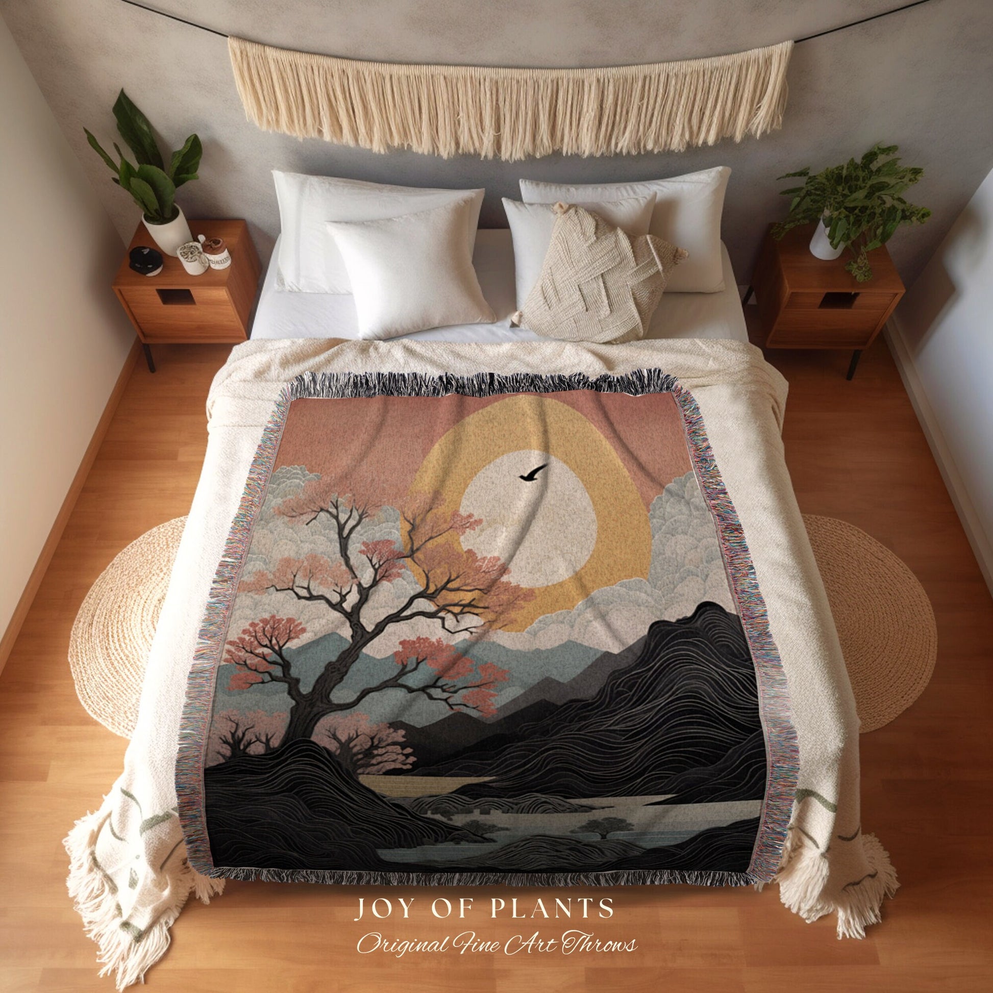 Sunset Mountain Throw Blanket Couch Japanese Aesthetic | Nature Inspired Art Woven Blanket Japanese Landscape Sun Tapestry Plush Blanket |