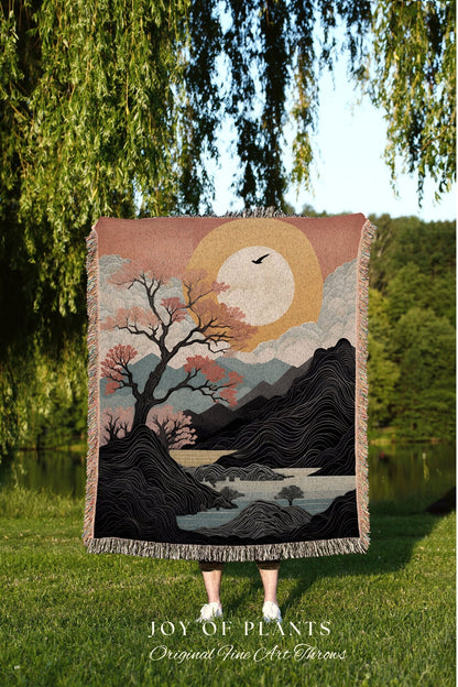 Sunset Mountain Throw Blanket Couch Japanese Aesthetic | Nature Inspired Art Woven Blanket Japanese Landscape Sun Tapestry Plush Blanket |