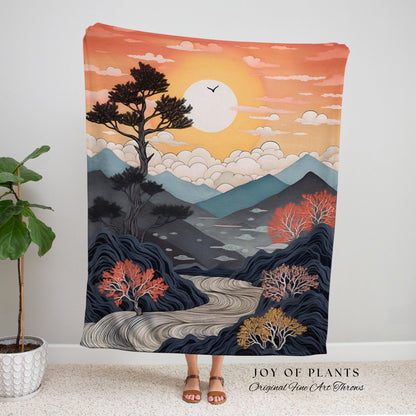 Nature Blanket Japanese Aesthetic Mountain Tapestry Woven Throw | Japanese Nature Tapestry Mystic Landscape Sunset Mountain Tree Blanket