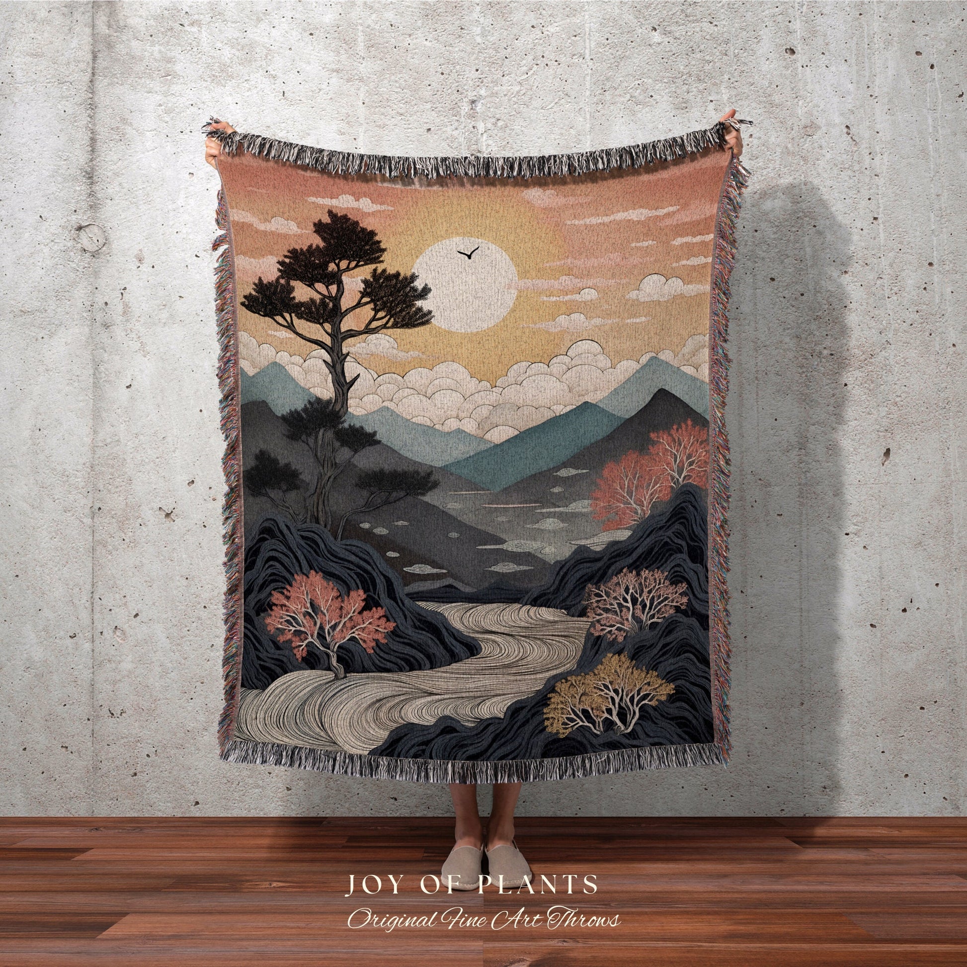 Nature Blanket Japanese Aesthetic Mountain Tapestry Woven Throw | Japanese Nature Tapestry Mystic Landscape Sunset Mountain Tree Blanket