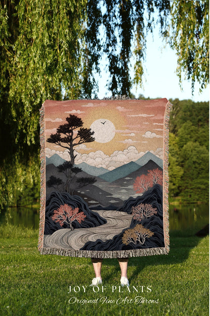 Nature Blanket Japanese Aesthetic Mountain Tapestry Woven Throw | Japanese Nature Tapestry Mystic Landscape Sunset Mountain Tree Blanket