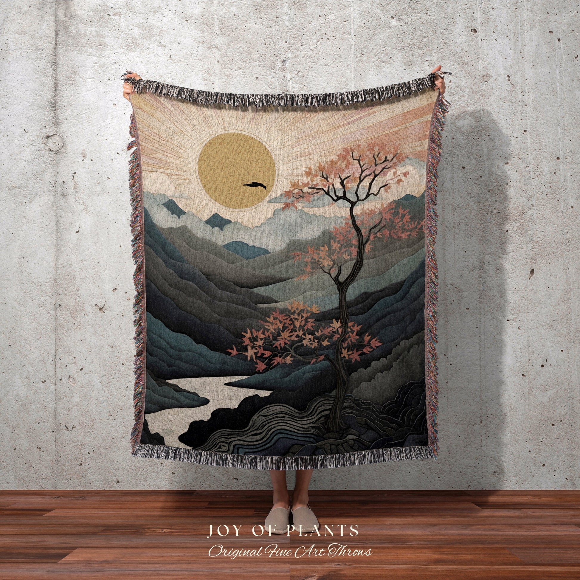 Sunrise Tapestry Japanese Aesthetic Mountain Blanket Woven Throw | Nature Inspired Art Tree Woven Blanket Landscape Tapestry Fairy Grunge