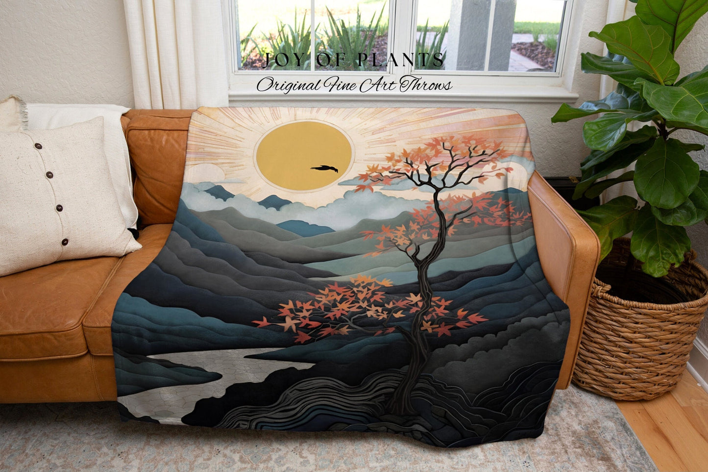 Sunrise Tapestry Japanese Aesthetic Mountain Blanket Woven Throw | Nature Inspired Art Tree Woven Blanket Landscape Tapestry Fairy Grunge