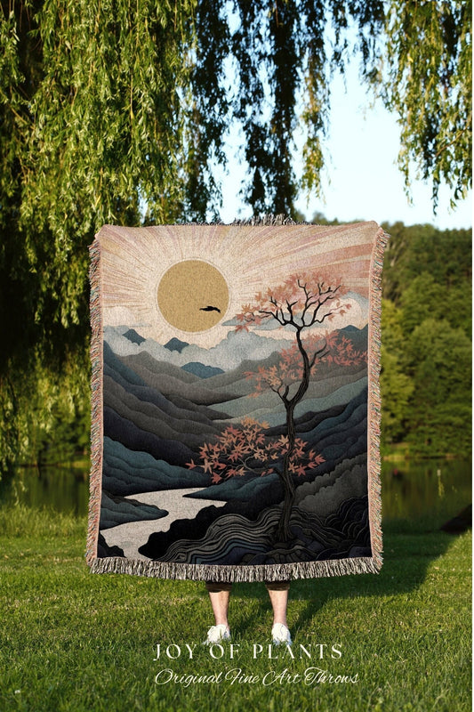 Sunrise Tapestry Japanese Aesthetic Mountain Blanket Woven Throw | Nature Inspired Art Tree Woven Blanket Landscape Tapestry Fairy Grunge