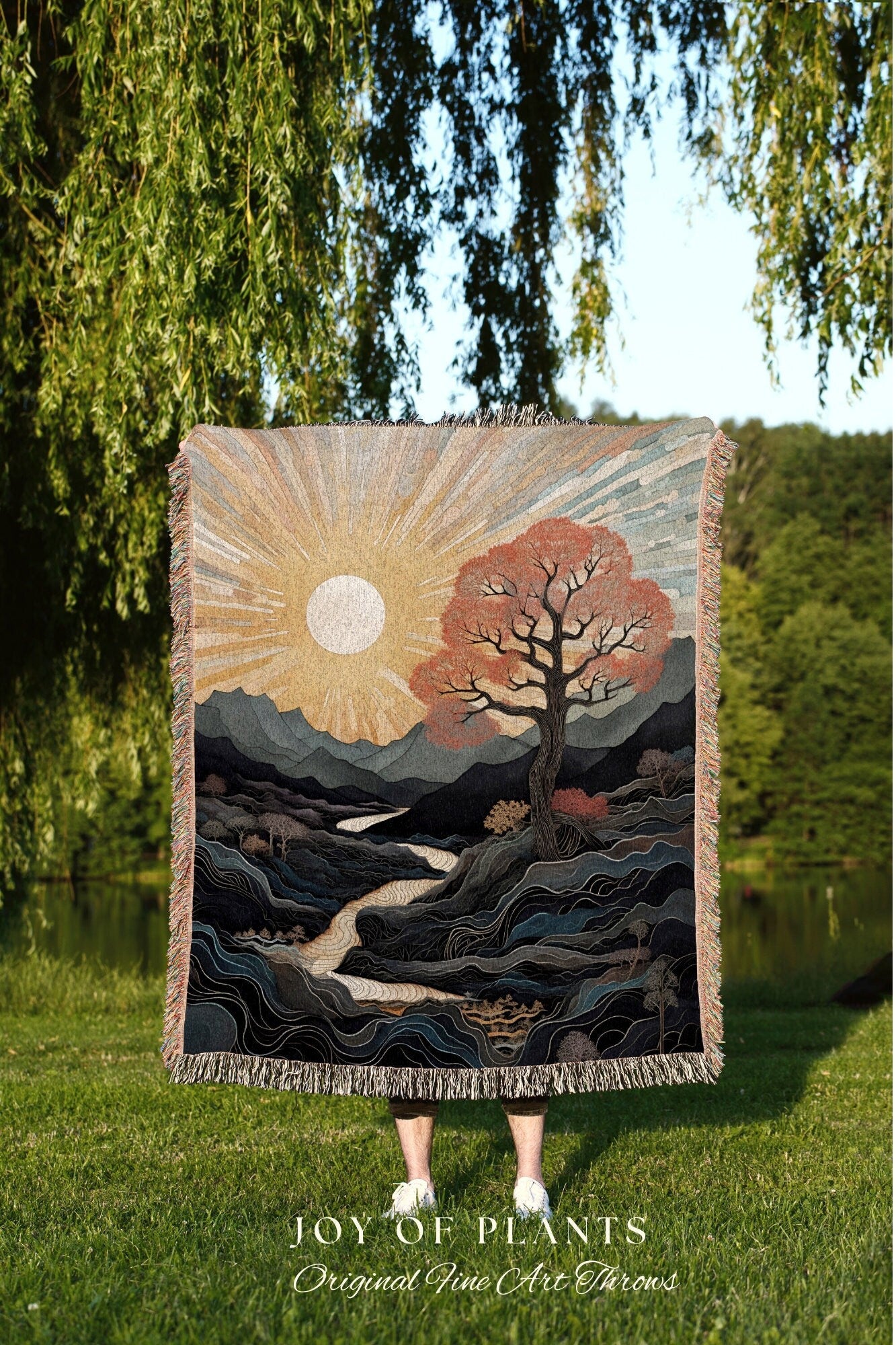 Sun Burst Woven Tapestry | Boho Mountain Tapestry Rustic Home Decor Housewarming Gift Blanket Mountain Aesthetic Blanket Landscape Wall Art