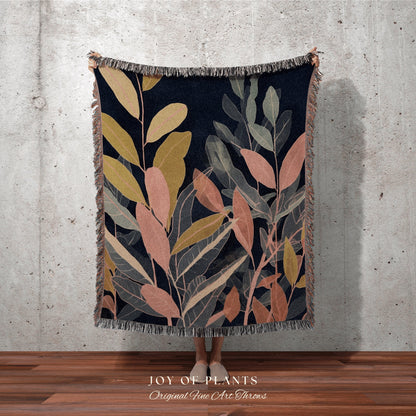 Tropical Leaves Woven Blanket | Ficus Houseplant Blanket Tapestry Botanical Minimalist Room Decor Dark Cottagecore Floral Plant Lover Decor