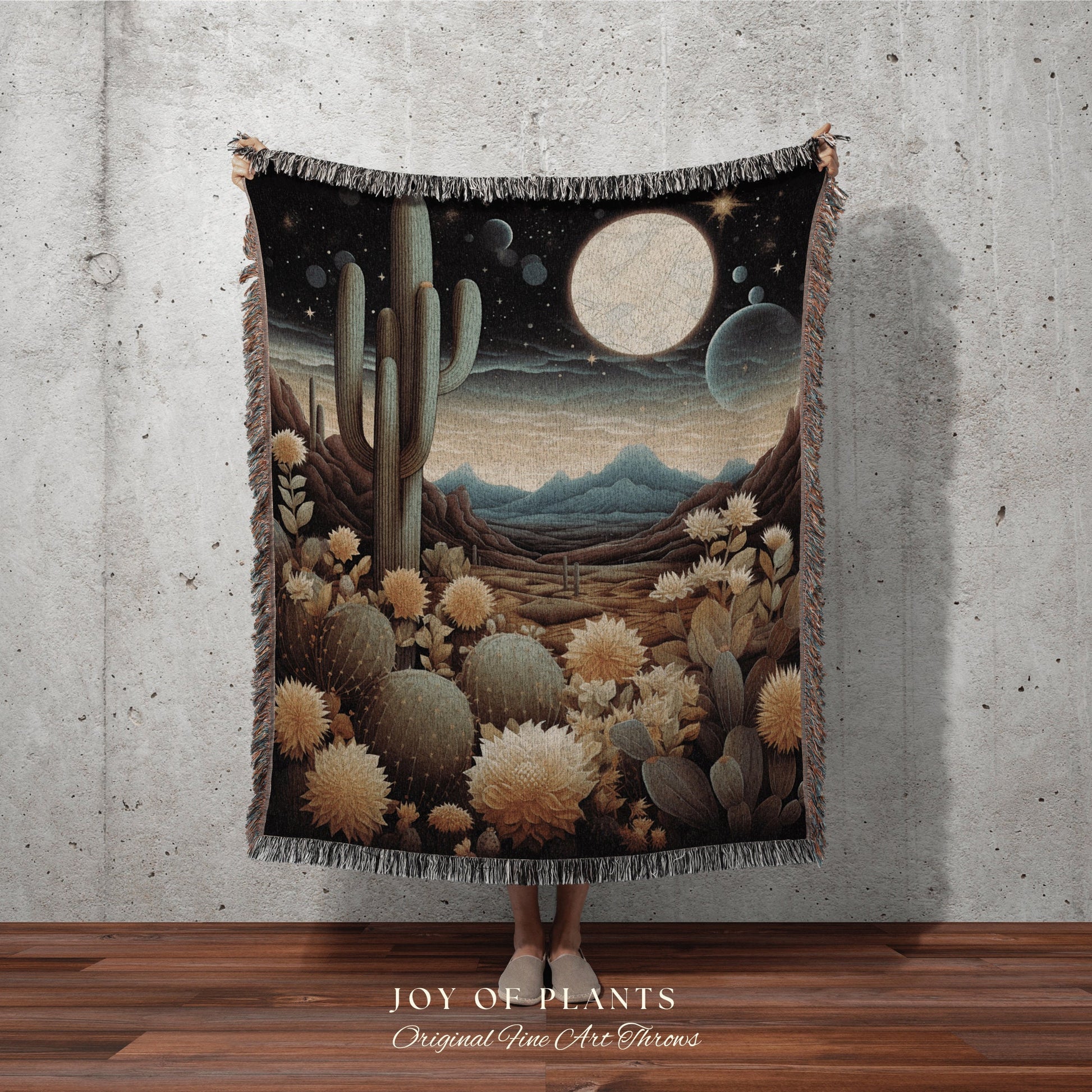 Whimsical Desert Night Blanket | Southwestern Home Decor Housewarming Gift Blanket Cactus Aesthetic Blanket Woven Tapestry Southwestern Art