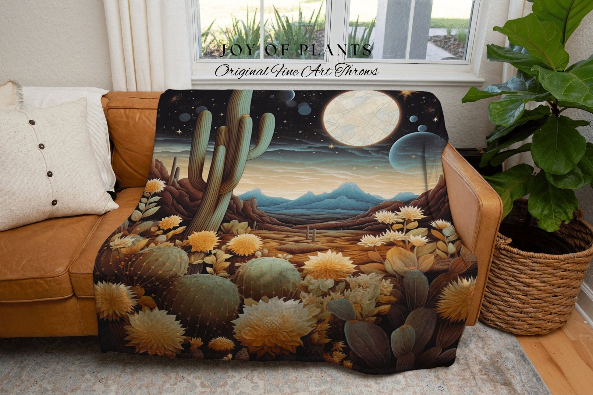 Whimsical Desert Night Blanket | Southwestern Home Decor Housewarming Gift Blanket Cactus Aesthetic Blanket Woven Tapestry Southwestern Art