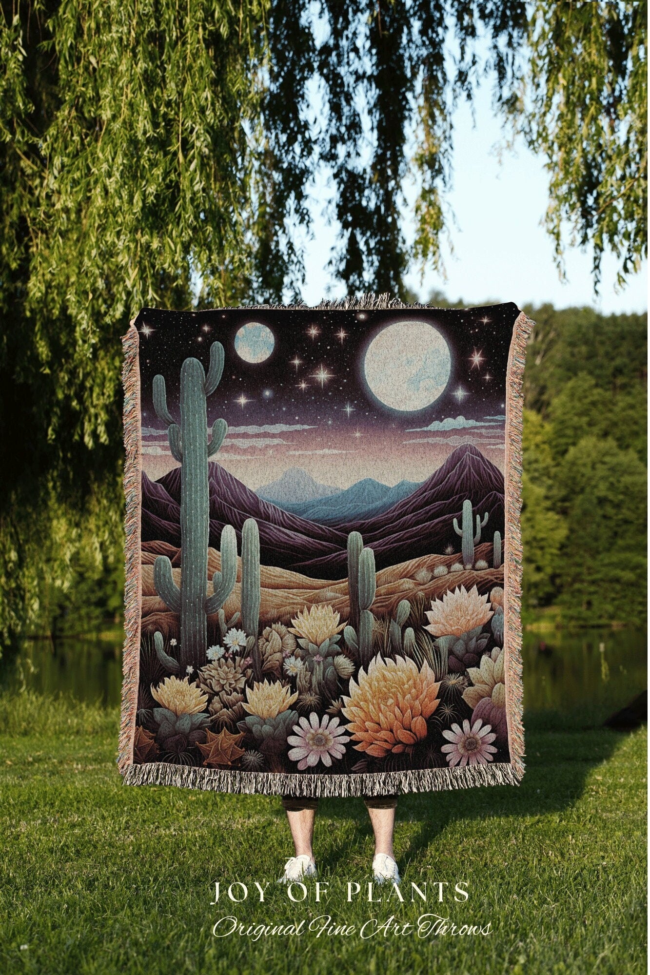 Desert Moon Celestial Blanket | Southwestern Home Decor Housewarming Gift Blanket Cactus Aesthetic Blanket Woven Tapestry Desert Plains Boho