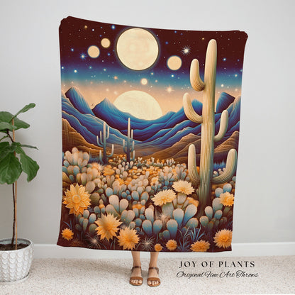 Celestial Desert Moon Blanket | Southwestern Home Decor Housewarming Gift Blanket Cactus Aesthetic Blanket Woven Tapestry Boho Desert Decor