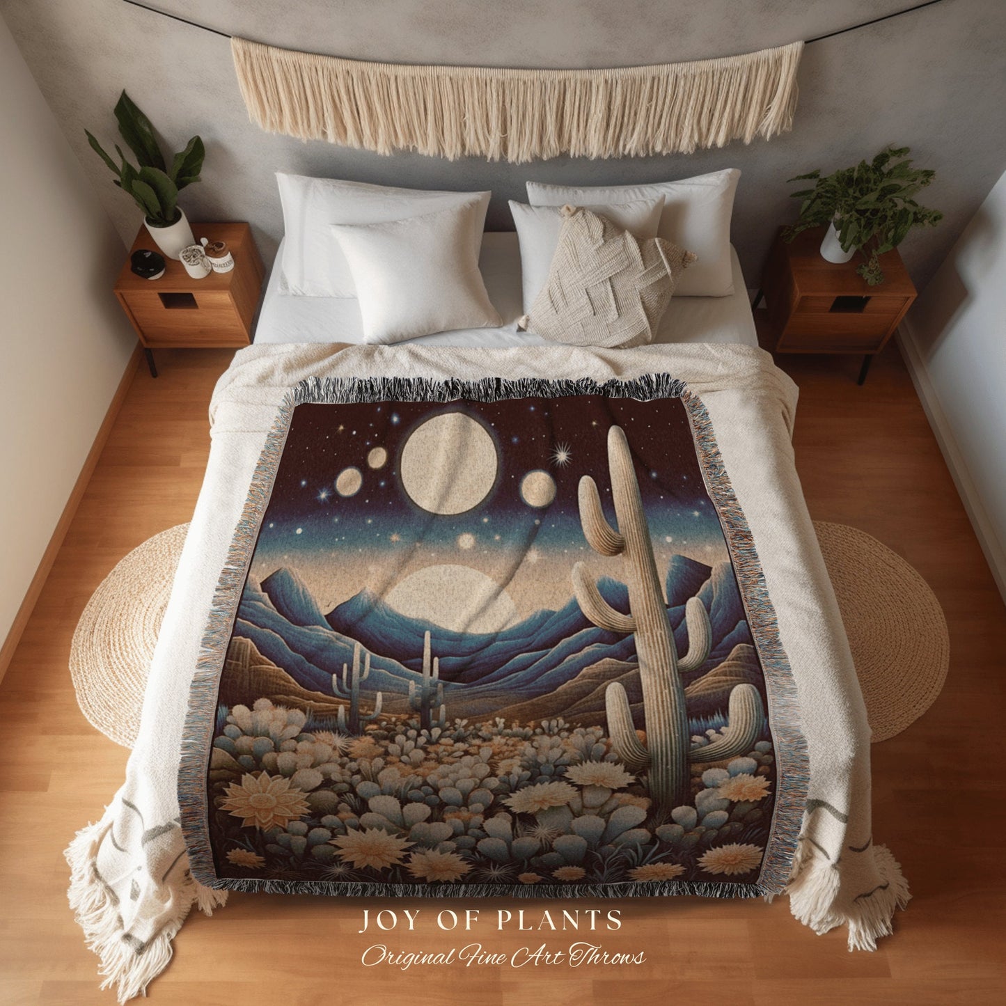 Celestial Desert Moon Blanket | Southwestern Home Decor Housewarming Gift Blanket Cactus Aesthetic Blanket Woven Tapestry Boho Desert Decor