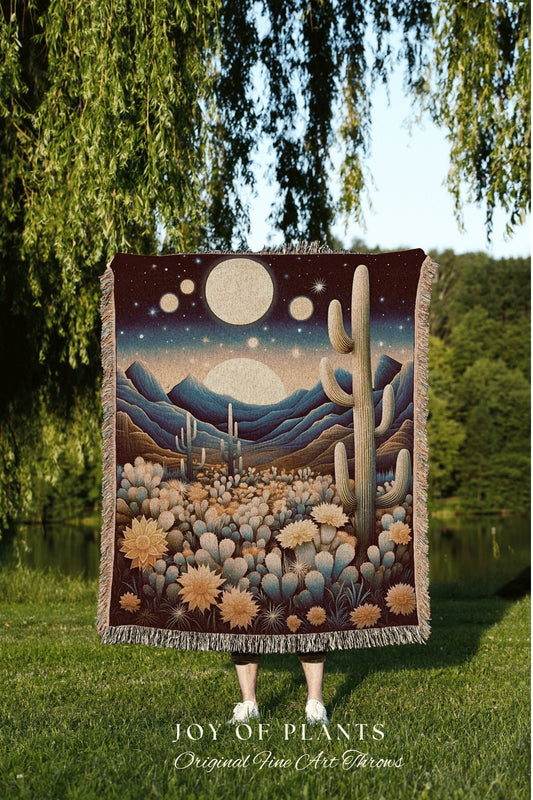 Celestial Desert Moon Blanket | Southwestern Home Decor Housewarming Gift Blanket Cactus Aesthetic Blanket Woven Tapestry Boho Desert Decor