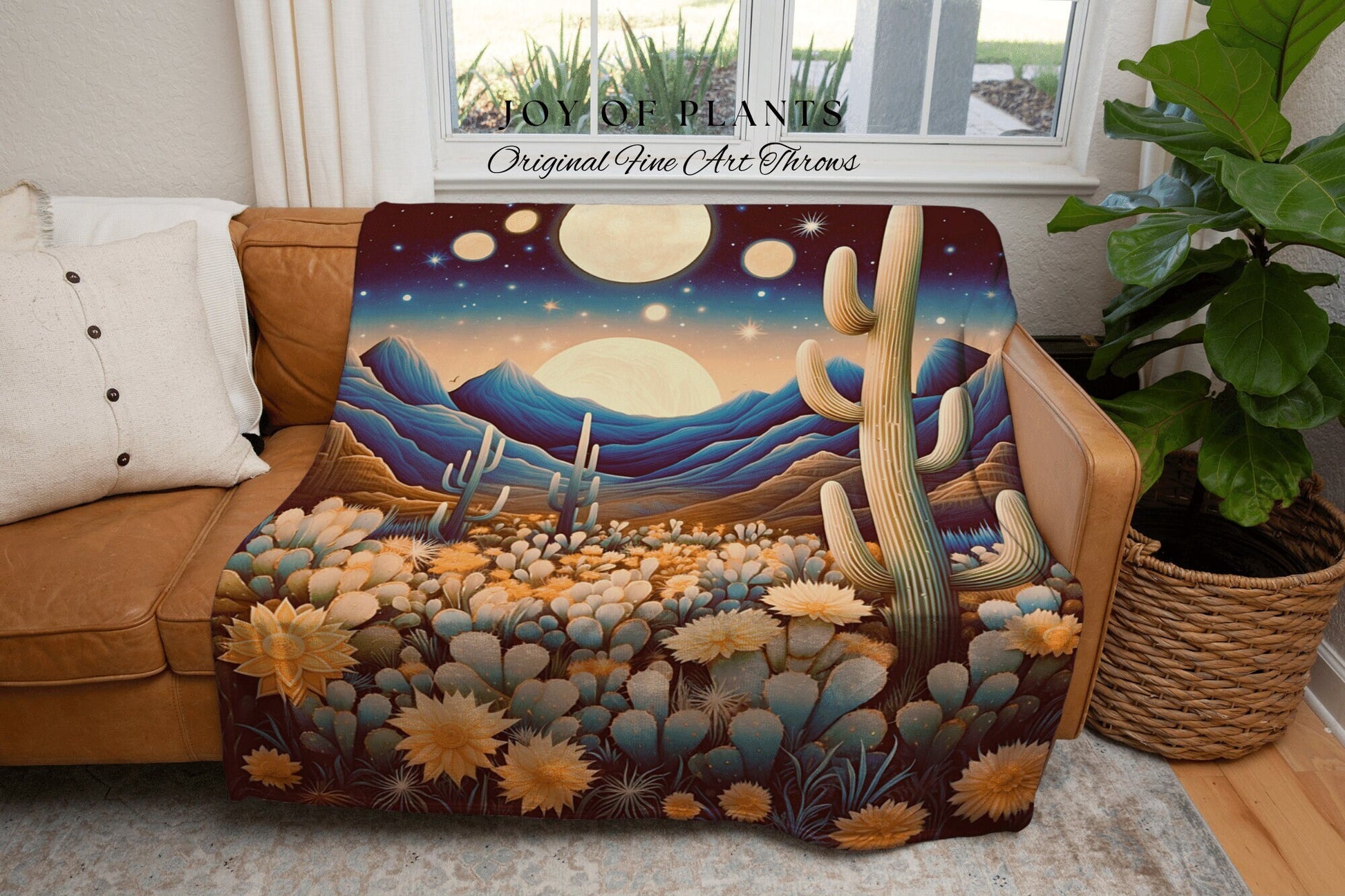 Celestial Desert Moon Blanket | Southwestern Home Decor Housewarming Gift Blanket Cactus Aesthetic Blanket Woven Tapestry Boho Desert Decor