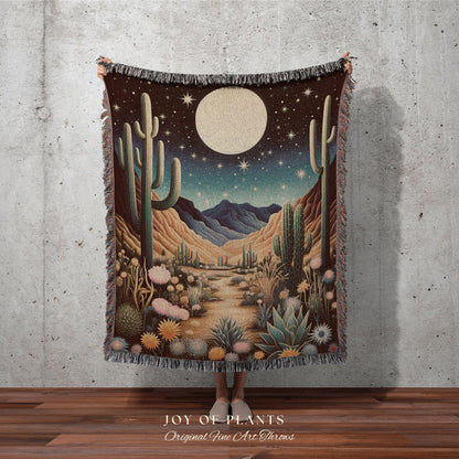 Full Moon Southwest Landscape Blanket | Southwestern Decor Housewarming Gift Blanket Cactus Aesthetic Blanket Woven Tapestry Boho Desert Art