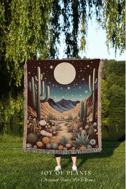 Full Moon Southwest Landscape Blanket | Southwestern Decor Housewarming Gift Blanket Cactus Aesthetic Blanket Woven Tapestry Boho Desert Art