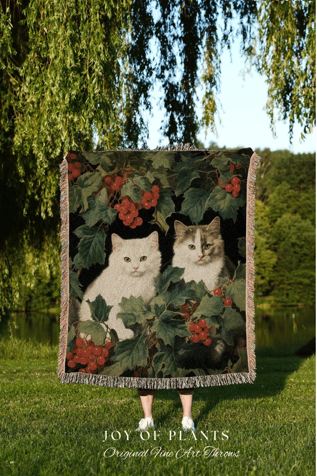 Christmas Kitten Blanket Vintage | Woven Fringe Blanket Cat lover Gift Funny Tapestry Cat Family Christmas Portrait Cat Blanket Cute Kitten