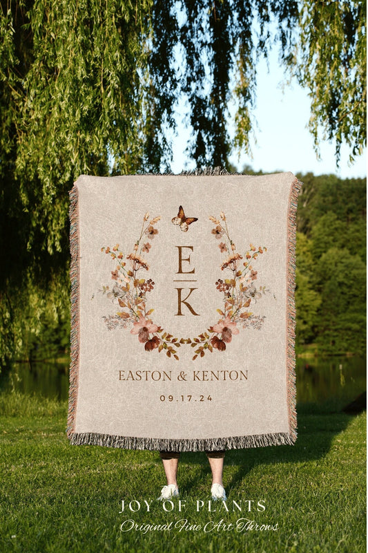 Floral Monogram Blanket Custom | Personalized Name Tapestry Custom Wedding Monogram Couple Keepsake Blanket Anniversary His & Hers Initials