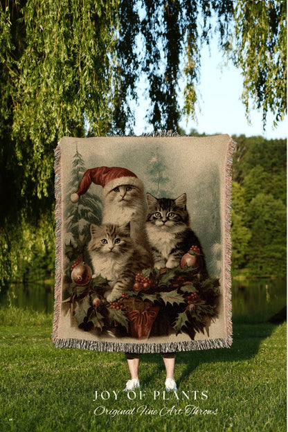 Santa Kitten Portrait Cat Blanket | Woven Fringe Blanket Cat lover Gift Funny Tapestry Cat Family Christmas Portrait Cat Blanket Cute Kitten