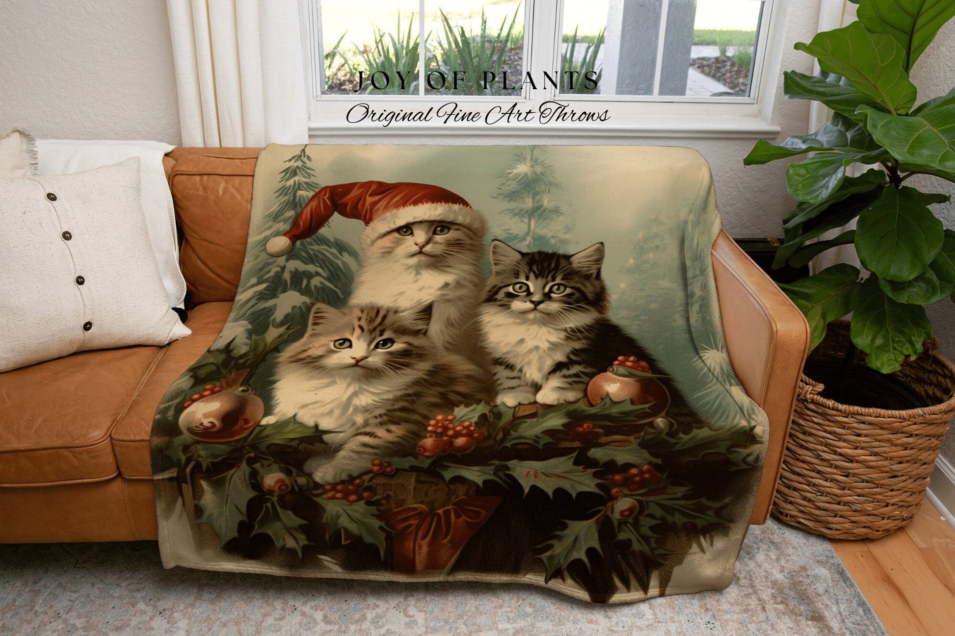 Santa Kitten Portrait Cat Blanket | Woven Fringe Blanket Cat lover Gift Funny Tapestry Cat Family Christmas Portrait Cat Blanket Cute Kitten